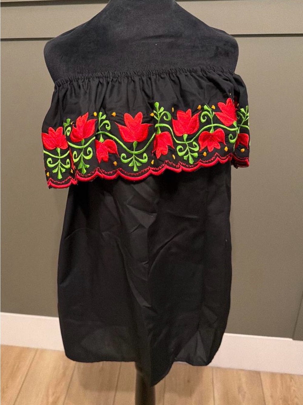 Black Off-Shoulder Embroidered Floral Blouse in Red & Green